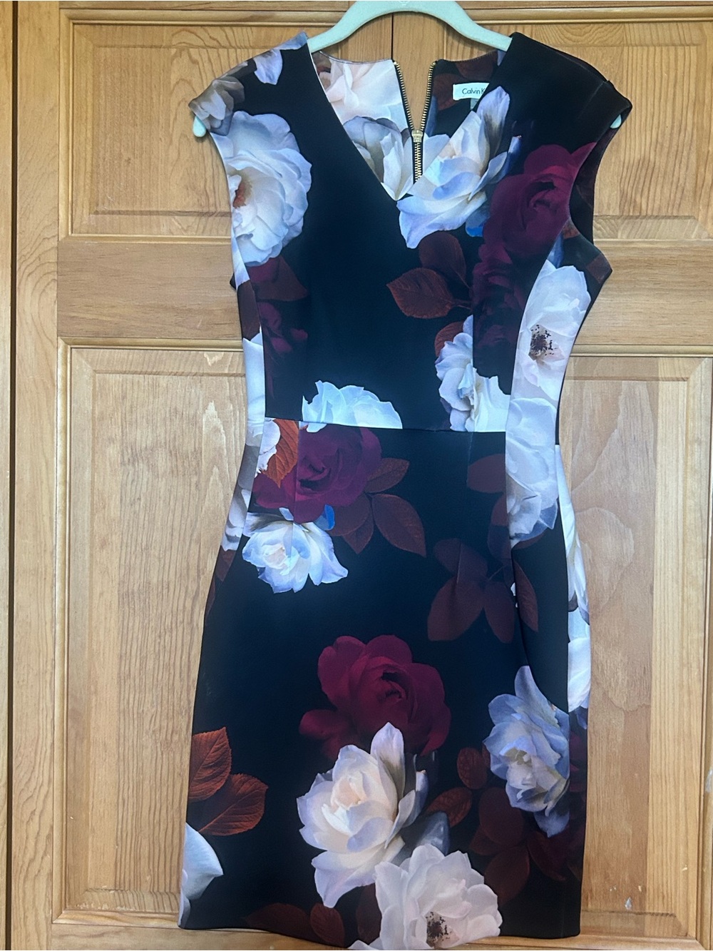 Calvin Klein Black Midi Sheath Dress with White and Burgundy Floral Print